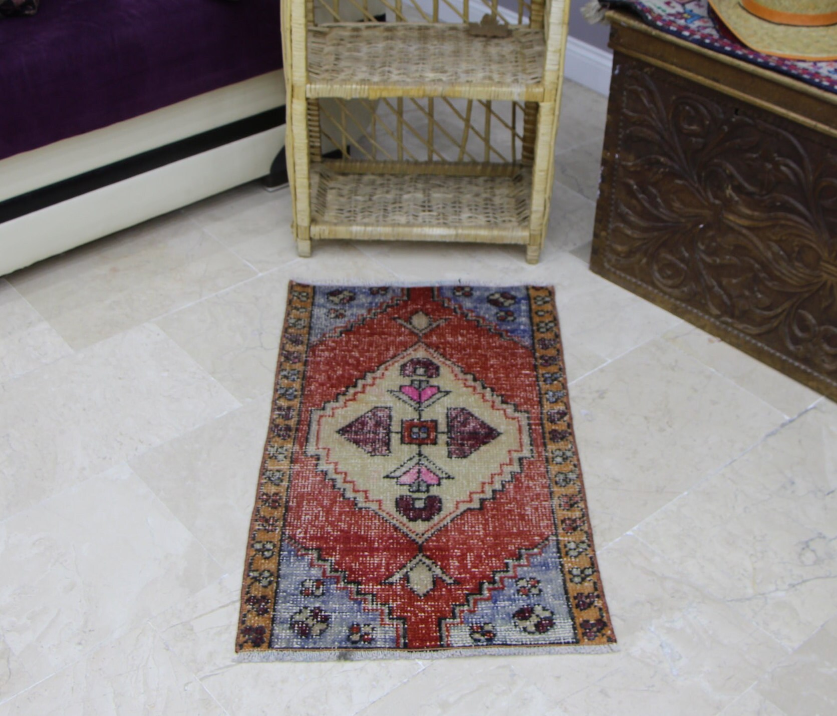 大判/オレンジがかったくすみベージュとターコイズのトルコラグNo.709 大判/オレンジがかったくすみベージュとターコイズのトルコラグNo.709