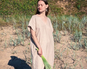 Linen Beige Dress HARMONY / oversize, natural linen maxi dress with pockets