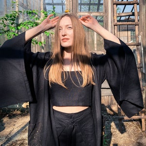 Black Linen Kimono Cardigan NIGHT GODDESS / Long, oversize kimono with hand painted pockets