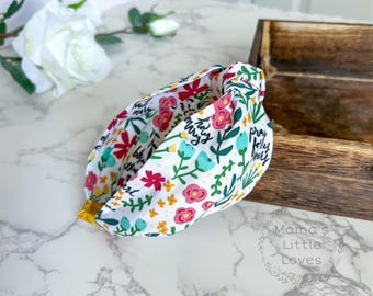 Hail Mary - Bright Floral on White - Knotted Headband- Traditional - Slip On - Hard Headband - Catholic - Gift