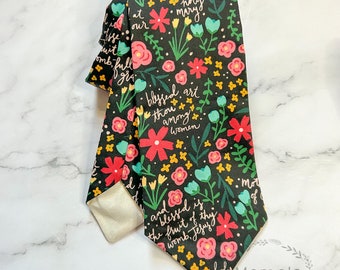 Hail Mary Prayer  Floral - Black Background - Catholic - Necktie - Tie - Gift - Godfather - Confirmation - Organic Cotton Sateen