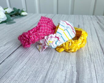 Bright and Cheery - Set of Three - Pink, Yellow Daisy, Stripes and Bows - Knotted Headbands - Traditional - Slip On - Hard Headband