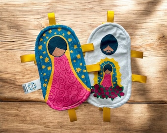 Our Lady of Guadalupe and Juan Diego - Minky - Sensory Toy - Baby Crinkle Paper with Satin Tabs - Catholic - Christian - Baby Toy - Gift