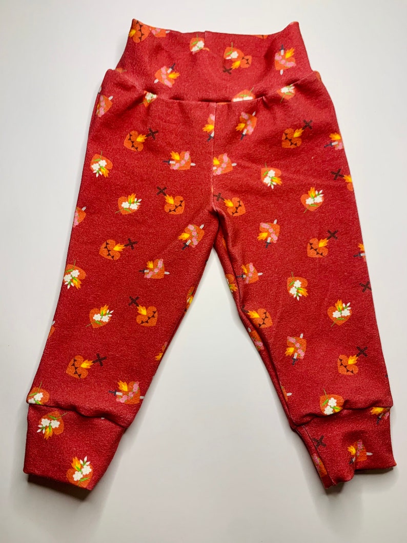 Red Shining Light Dolls Print Holy Family Heart Pants
