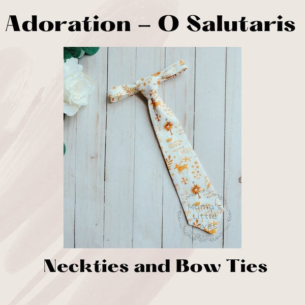 Adoration- O Salutaris - Youth - Communion - Eucharist - White and Gold - Organic Cotton Sateen - Tie - Bow Tie - Clip - Neckband