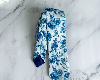 Auspice Maria - Blue and White Floral - Youth - First Communion - Confirmation - Necktie - Bow Tie - Catholic Gift - Organic Cotton Sateen