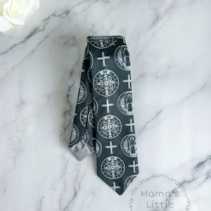 Youth - St. Benedict Medal - Catholic - Organic Cotton Sateen - Necktie - Bow Tie - Clip - Neckband - First Communion- Confirmation- Gift