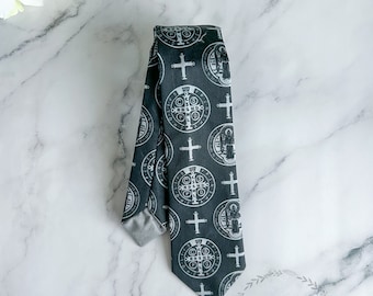 St. Benedict Medal - Catholic - Youth - Organic Cotton Sateen - Necktie - Bow Tie - Clip - Neckband - First Communion- Confirmation- Gift