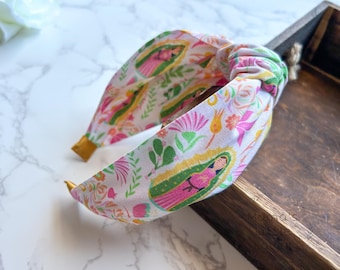 Our Lady of Guadalupe - Bright Floral Print - Knotted Headband- Traditional - Slip On - Hard Headband - Catholic - Gift