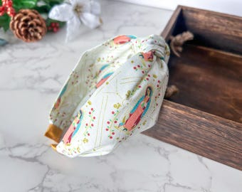 Our Lady of Guadalupe Knotted Headband - Cream Cotton, Catholic Gift