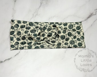 Black Flowers on Cream Background  - Twist Headband - Gift