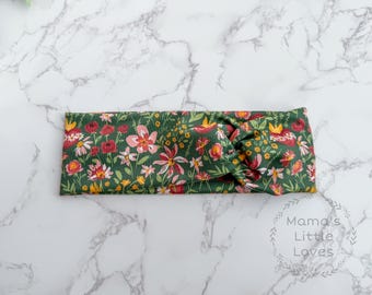 Holy Family Hearts - Floral on Green - Twist Headband- Traditional - Catholic - Gift