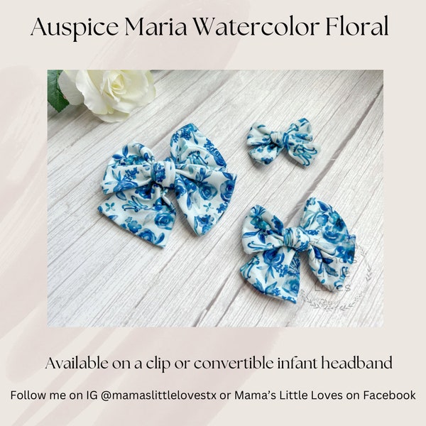 Auspice Maria Watercolor Floral - Catholic - Bow - Gift - Clip - Nylon Infant Headband Available