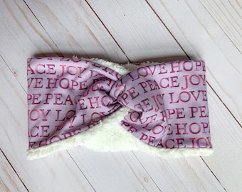 Sherpa Lined Twist Headband – Peace Hope Love Joy, Christian Gift
