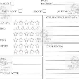 May include: A black and white book review sheet with sections for ratings, a one-sentence summary, and a review. Includes checkboxes for book format and star ratings for plot, characters, and writing style.