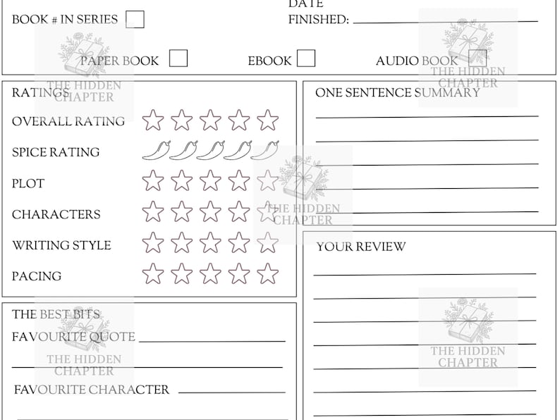 May include: A black and white book review sheet with sections for ratings, a one-sentence summary, and a review. Includes checkboxes for book format and star ratings for plot, characters, and writing style.