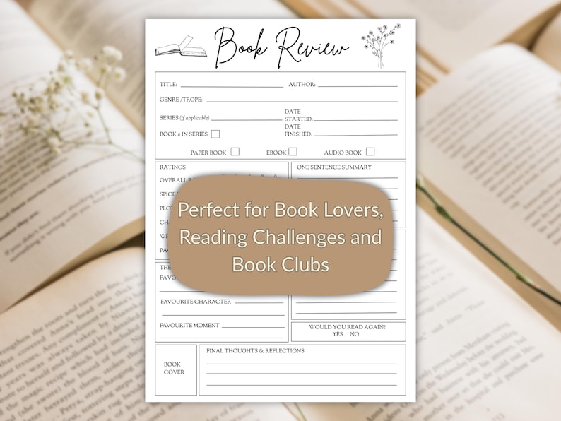 May include: A white Book Review sheet with fillable fields for title, author, and ratings. The sheet includes prompts for genre, series, and a one-sentence summary. The text "Perfect for Book Lovers, Reading Challenges and Book Clubs" is displayed.