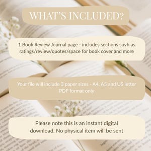 May include: Image of open books with text overlays. The text reads "WHAT'S INCLUDED?" followed by details about a book review journal page, paper sizes (A4, A5, US letter), and a note about a digital download.