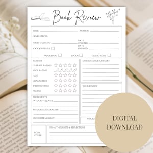 Puede incluir: Un imprimible blanco de Reseña de Libro con secciones para título, autor, calificaciones y un resumen de una frase. El diseño incluye una ilustración floral y las palabras "DESCARGA DIGITAL" en un círculo.