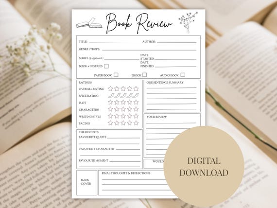 Printable Book Review Template: Reading Journal, Book Tracker (PDF Download)