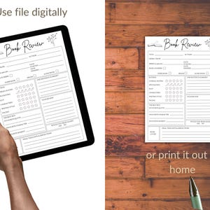 May include: A black tablet displaying a "Book Review" template, held by a hand. The template includes sections for title, author, ratings, and notes. A printed version of the template is also shown, along with pens.