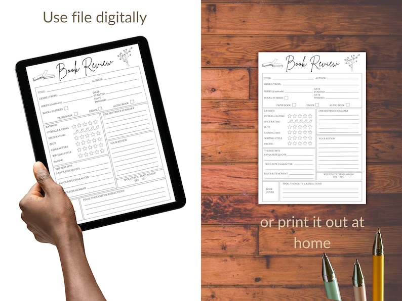 May include: A black tablet displaying a "Book Review" template, held by a hand. The template includes sections for title, author, ratings, and notes. A printed version of the template is also shown, along with pens.