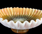 Dugan Carnival Glass White Opalescent Round Crimped Bowl Caroline Peach