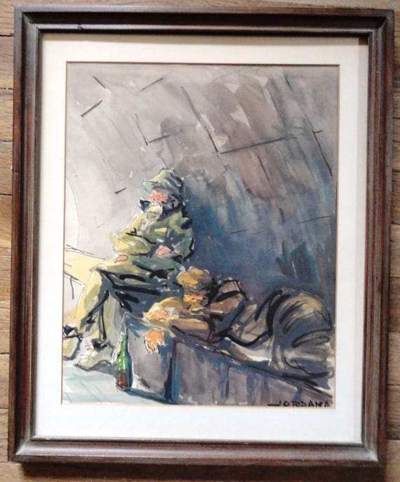 Abstract Watercolor Fishermen Signed Listed Artist Jose Jordana from Spain