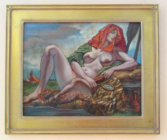 H Leopold Nude Relaxing by Water on a bed of Flowers Striking Colors MA Artist 1954