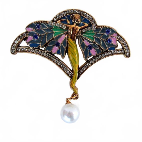 Vintage Art Nouveau Style Fairy Brooch with Enamel, Clear Crystals & Pearl Drop