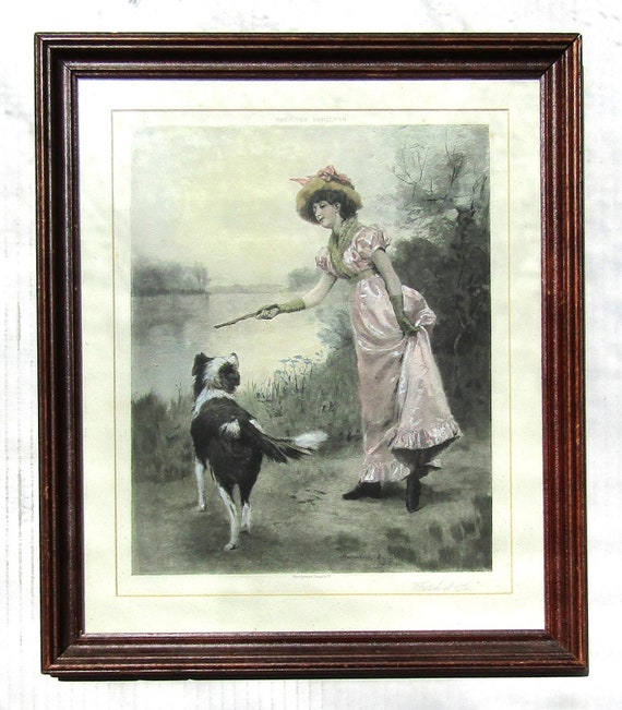 Hamilton Hamilton Colored Photogravure "Fetch it Sir" Woman Newfoundland 1884