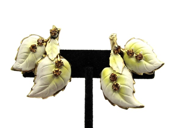 Vintage Austrian Leaf Clip-On Earrings with Amber Swarovski Crystals