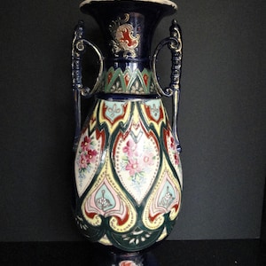Japanese Satsuma Vase 18&quot;  19th Century, Cobalt Blue, Raised Floral Design