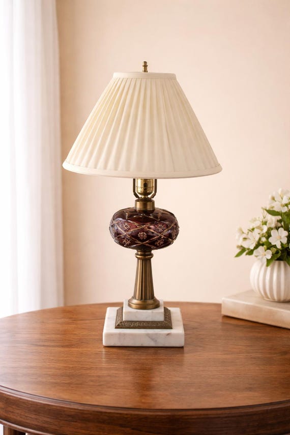 Ruby Overlay Cut-to-Clear Lamp Marble Base Vintage Fount-Style 23.5” Cream Shade