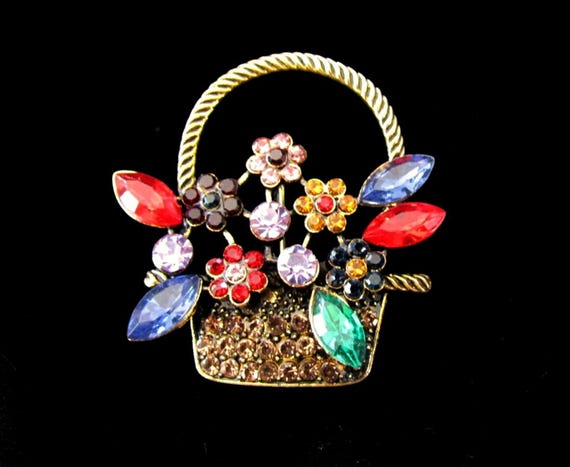 Vintage-Style Multicolor Rhinestone Flower Basket Brooch
