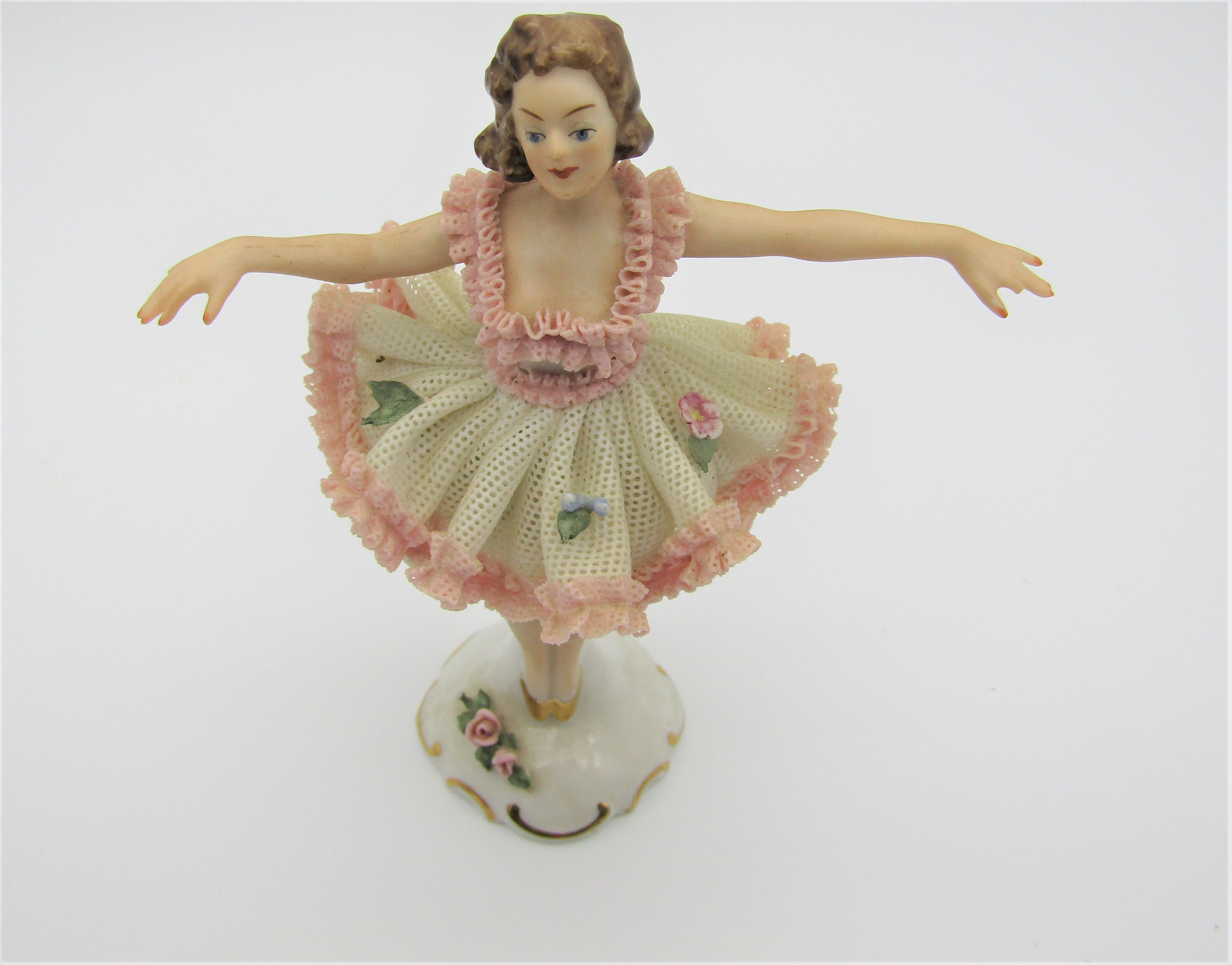 Dresden Porcelain Lace BALLERINA Figurine Pink and White Dress 6 3/8