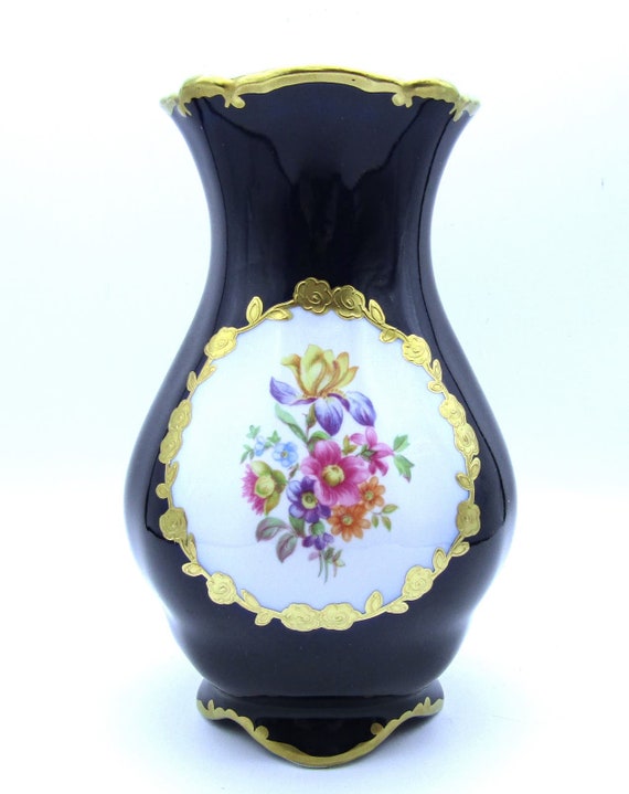 Echt Kobalt, Cobalt Vase Floral Hand Painted Germany JLmenau Numbered