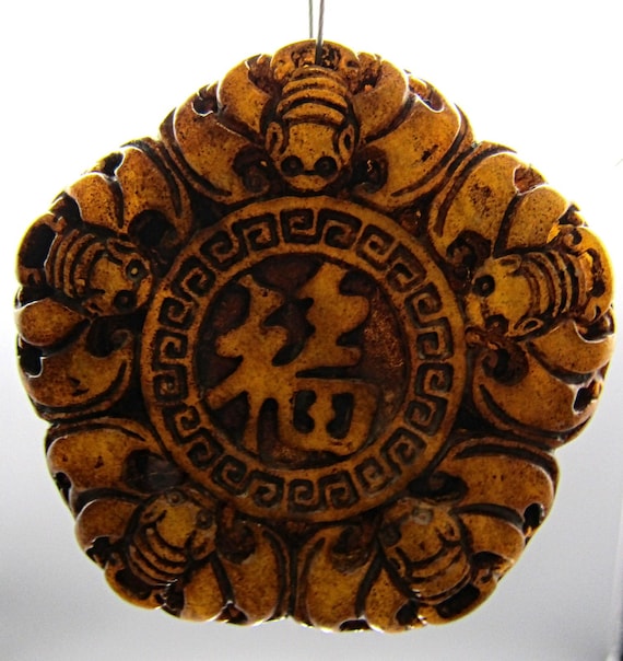 Chinese Brown Jade Good Luck Pendant w Crabs Around Edges Good Luck Symbol