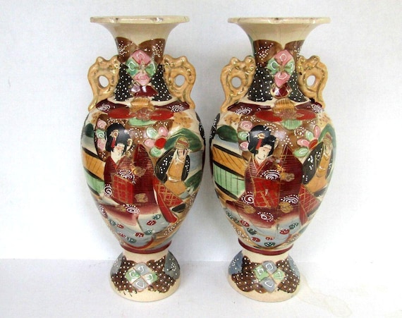 Antique Japanese Satsuma Moriage Earthenware Vases - Matched Pair 13.5" Meiji Taisho 1910's