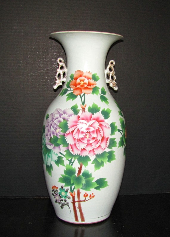 Antique Chinese Vase Decorated Peonies Poem on the Back Republic Period 17 5/8"