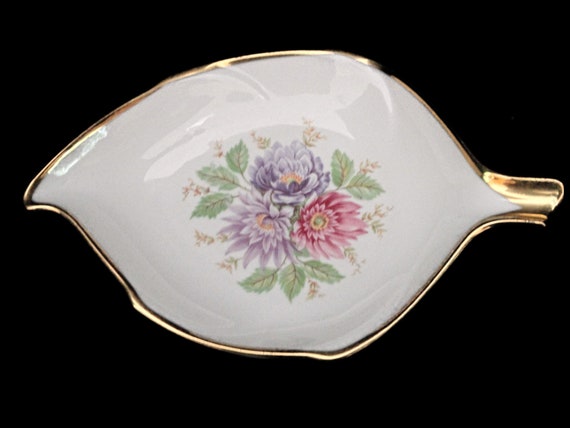 Alka Kunst Bavaria, Western Germany, Leaf Shaped Dish Hand Painted Flowers