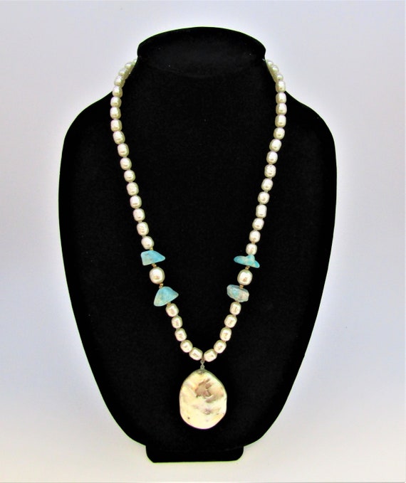 Miriam Haskell Necklace Pearl Turquois Mother of Pearl Necklace, Signed, Rare