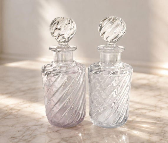 Baccarat Crystal Perfume Bottles Bambou Tors Rose Teinte & Clear Matched Pair