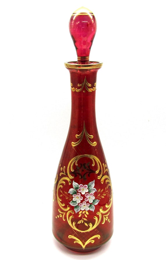 Vintage Bohemian Cranberry Glass Decanter Gilt Hand-Painted with Enamel Flowers