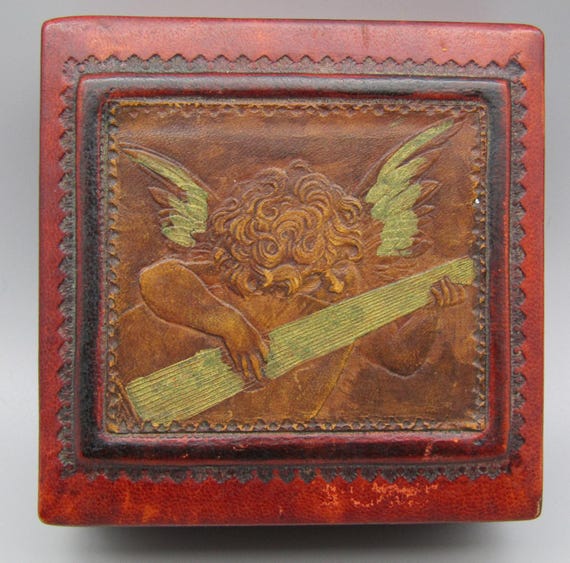 Italian Angelo Leather Jewelry Trinket Box w/ Putti