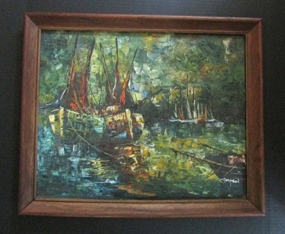 Thompson Painting, Oil on Canvas Abstract of Sailing Ships at Dock Mid Century
