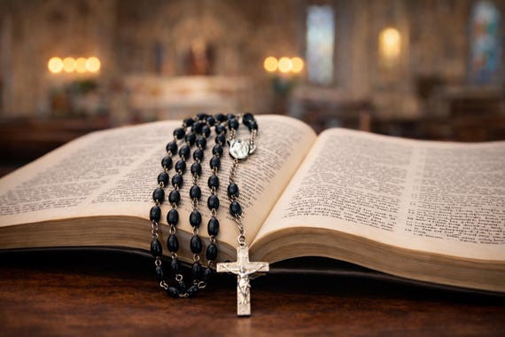 Vintage Rosary with Onyx or Hematite beads and the Virgin Mary 42"