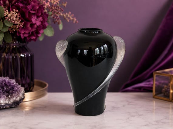 Art Deco Black Amethyst Glass Handled Urn Vase Clear Applied Handles 8"