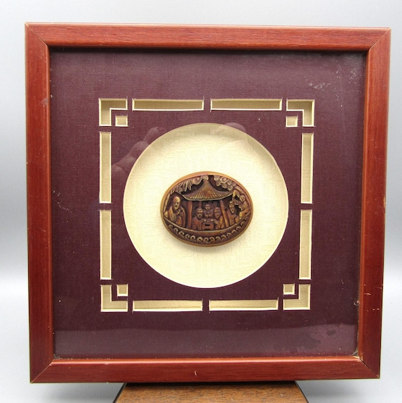 Chinese Pendant in Wood Framed 6 Men Drinking Tea Eating Wonderful Carving