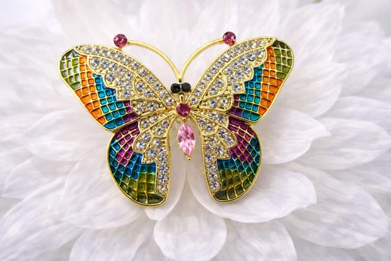 Colorful Butterfly Brooch Clear Pink Rhinestones Enamel Gold Tone Pin FREE SHIP